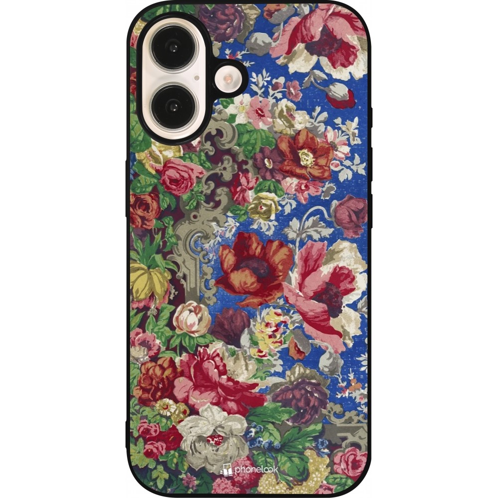 Coque iPhone 16 - Silicone rigide noir Vintage Art Flowers