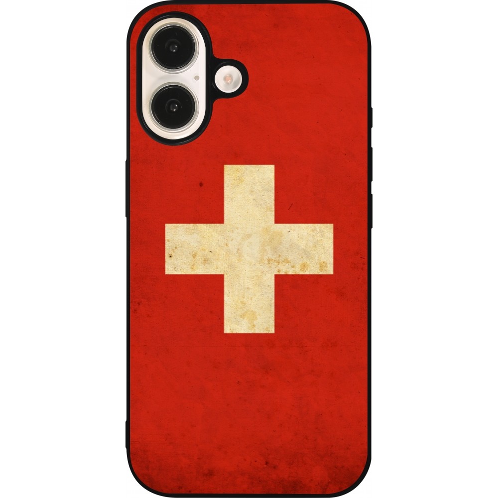 Coque iPhone 16 - Silicone rigide noir Vintage Flag SWISS