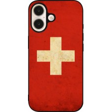 Coque iPhone 16 - Silicone rigide noir Vintage Flag SWISS