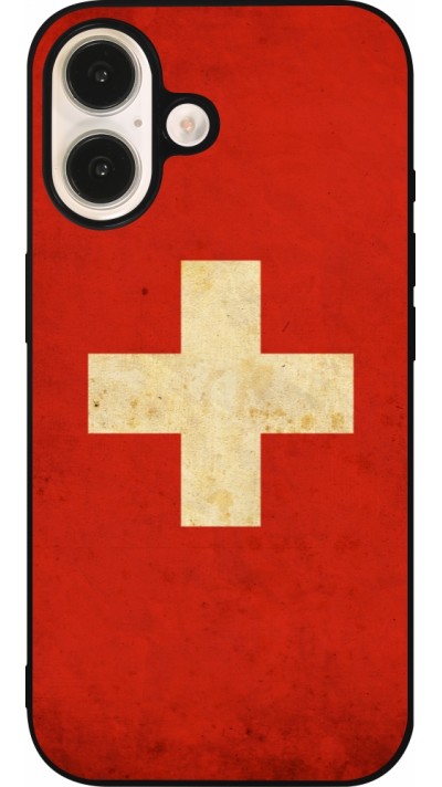 Coque iPhone 16 - Silicone rigide noir Vintage Flag SWISS