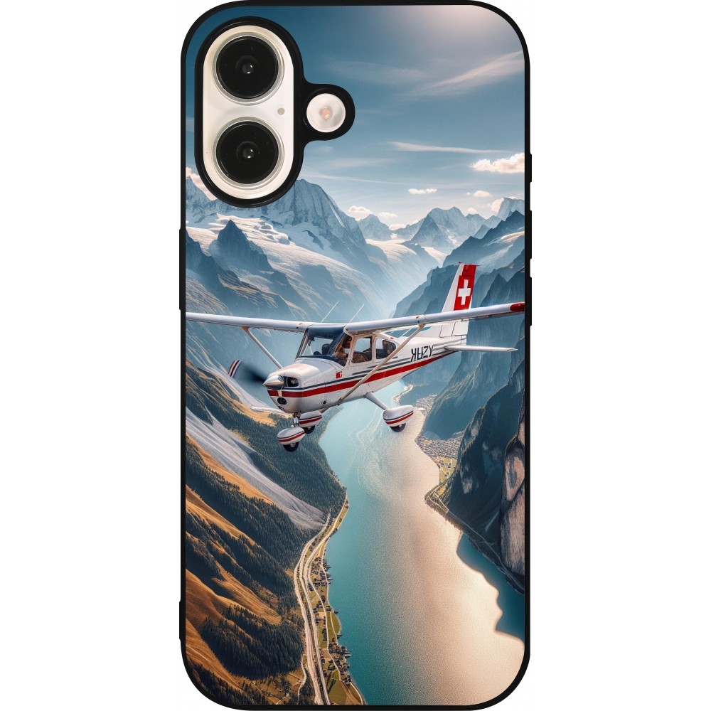 Coque iPhone 16 - Silicone rigide noir Vol Alpin Suisse
