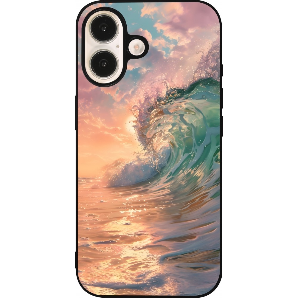 Coque iPhone 16 - Silicone rigide noir Wave Sunset