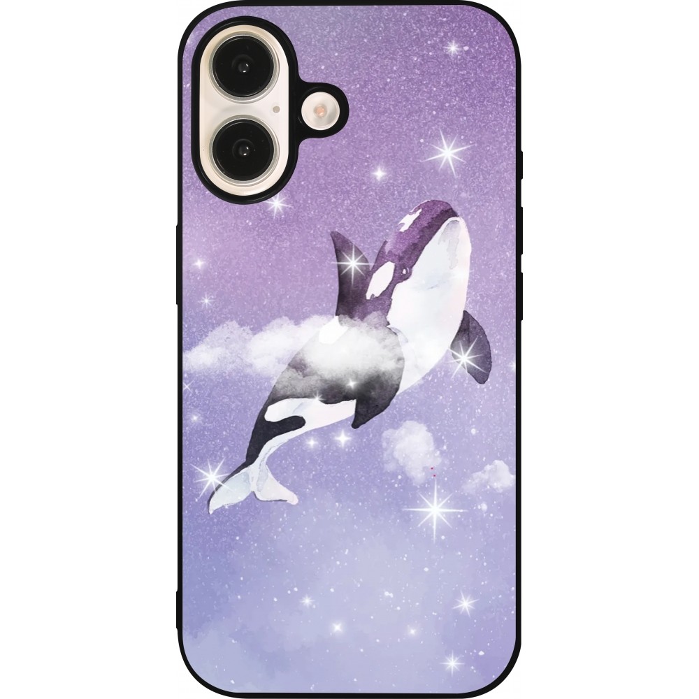 Coque iPhone 16 - Silicone rigide noir Whale in sparking stars