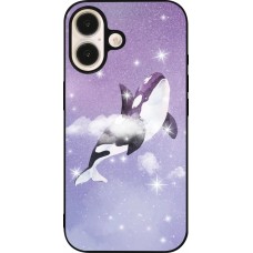 Coque iPhone 16 - Silicone rigide noir Whale in sparking stars