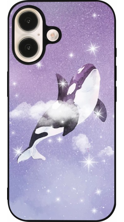 Coque iPhone 16 - Silicone rigide noir Whale in sparking stars