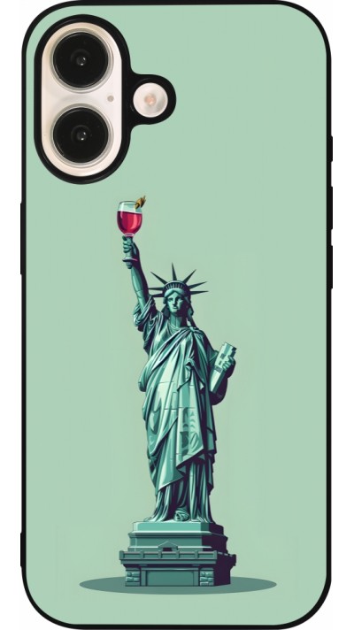 Coque iPhone 16 - Silicone rigide noir Wine Statue de la liberté avec un verre de vin Coque iPhone 16 - Silicone rigide noir Wine Statue de la liberté avec un verre de vin