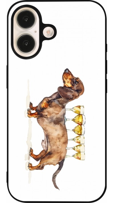 Coque iPhone 16 - Silicone rigide noir Wine Teckel Coque iPhone 16 - Silicone rigide noir Wine Teckel