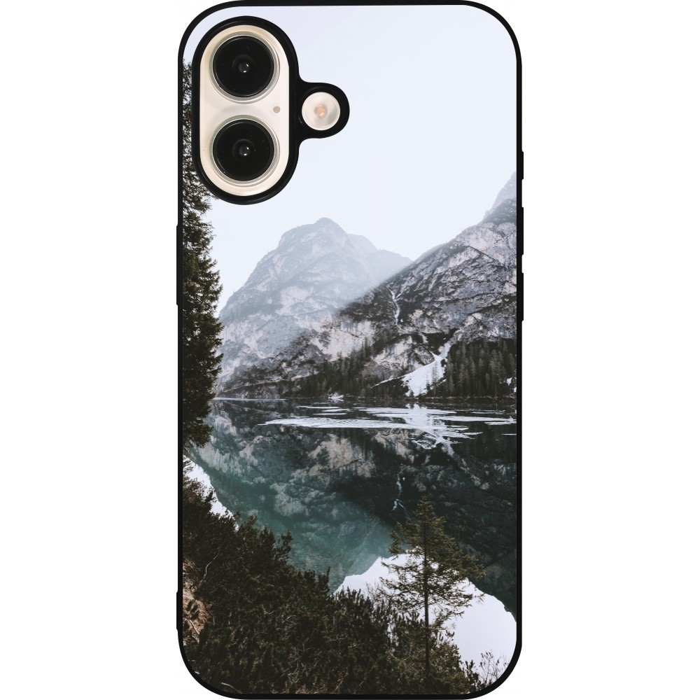 Coque iPhone 16 - Silicone rigide noir Winter 22 snowy mountain and lake