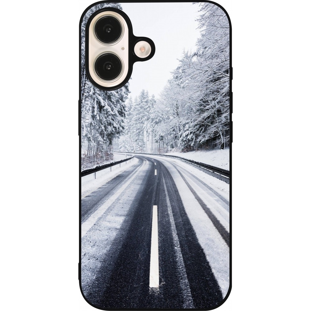 Coque iPhone 16 - Silicone rigide noir Winter 22 Snowy Road