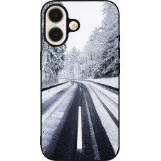 Coque iPhone 16 - Silicone rigide noir Winter 22 Snowy Road