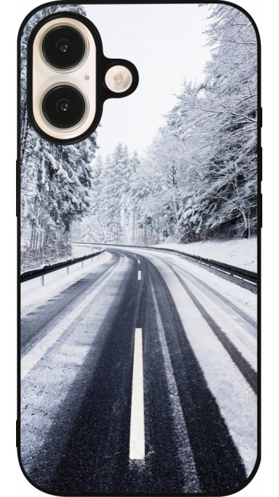 Coque iPhone 16 - Silicone rigide noir Winter 22 Snowy Road