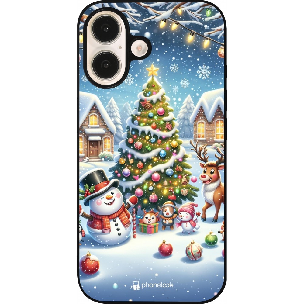 iPhone 16 Case Hülle - Silikon schwarz Weihnachten 2023 Schneemann und Tannenbaum