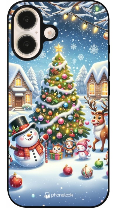 iPhone 16 Case Hülle - Silikon schwarz Weihnachten 2023 Schneemann und Tannenbaum