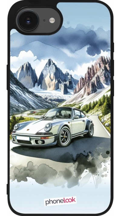 Coque iPhone 16e - Silicone rigide noir Porsche 911 Mountain Watercolor