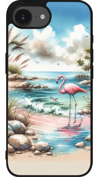 Coque iPhone 17e / 16e - Silicone rigide noir Flamant rose aquarelle