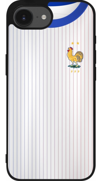 Coque iPhone 17e / 16e - Silicone rigide noir Maillot de football France Extérieur personnalisable