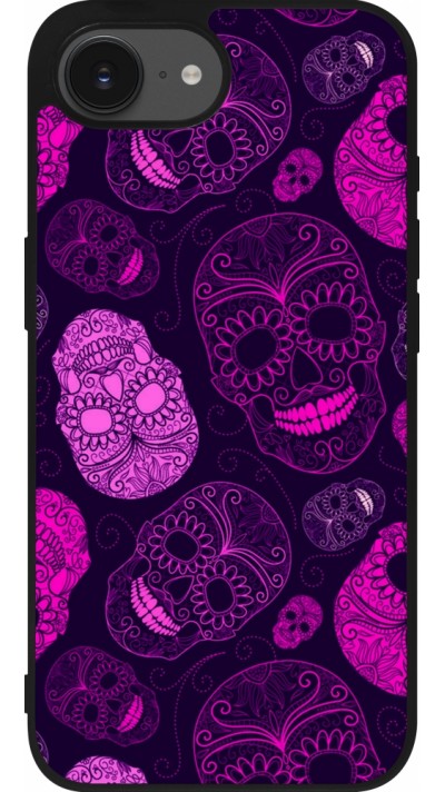 Coque iPhone 17e / 16e - Silicone rigide noir Halloween 2023 pink skulls