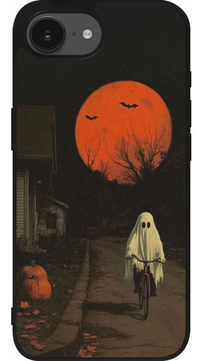 Coque iPhone 17e / 16e - Silicone rigide noir Halloween 2025 Ghost on a bicycle