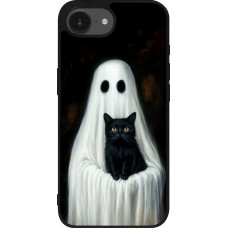 Coque iPhone 17e / 16e - Silicone rigide noir Halloween 2025 Ghost with black cat