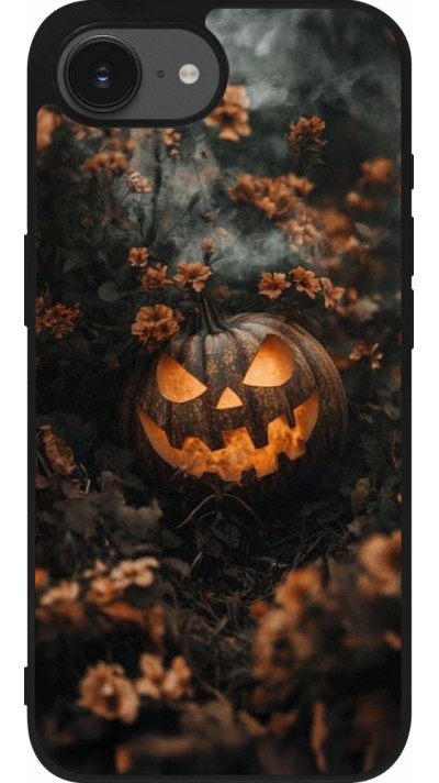 Coque iPhone 17e / 16e - Silicone rigide noir Halloween 2025 Pumpkin with flowers