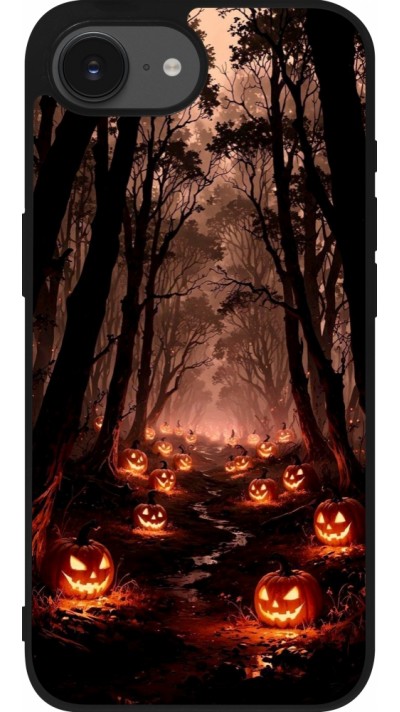 Coque iPhone 17e / 16e - Silicone rigide noir Halloween 2025 Road of Terrifying Pumpkins