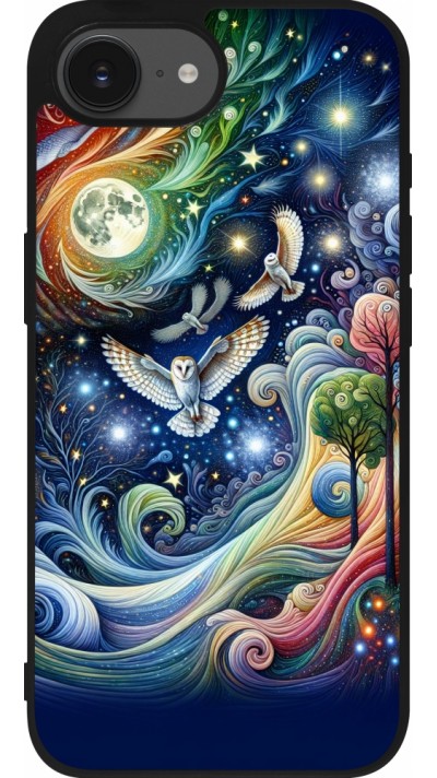 Coque iPhone 17e / 16e - Silicone rigide noir hibou volant floral