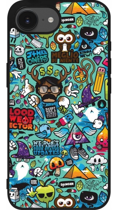 Coque iPhone 17e / 16e - Silicone rigide noir Mixed Cartoons Turquoise
