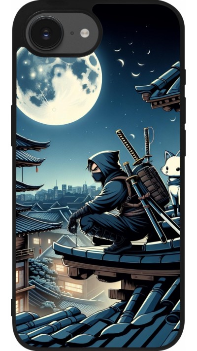 Coque iPhone 16e - Silicone rigide noir Ninja sous la lune