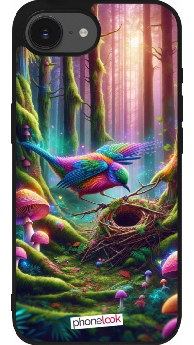 Coque iPhone 16e - Silicone rigide noir Oiseau Nid Forêt