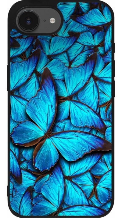 Coque iPhone 16e - Silicone rigide noir Papillon bleu