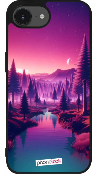 Coque iPhone 16e - Silicone rigide noir Paysage Violet-Rose