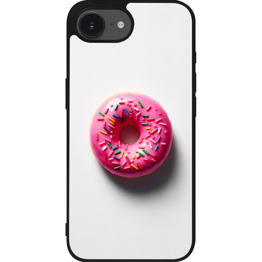 iPhone 16e Case Hülle - Silikon schwarz Weisser Hintergrund, pinker Donut