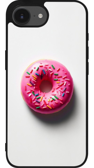 Coque iPhone 16e - Silicone rigide noir Weißer Hintergrund, pinker Donut