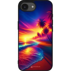 Coque iPhone 17e / 16e - Silicone rigide noir Plage coucher soleil flashy
