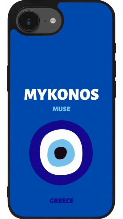 Coque iPhone 16e - Silicone rigide noir Pop Summer Destination Mykonos