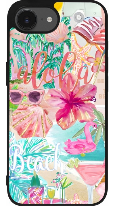 Coque iPhone 16e - Silicone rigide noir Preppy Collage Aloha