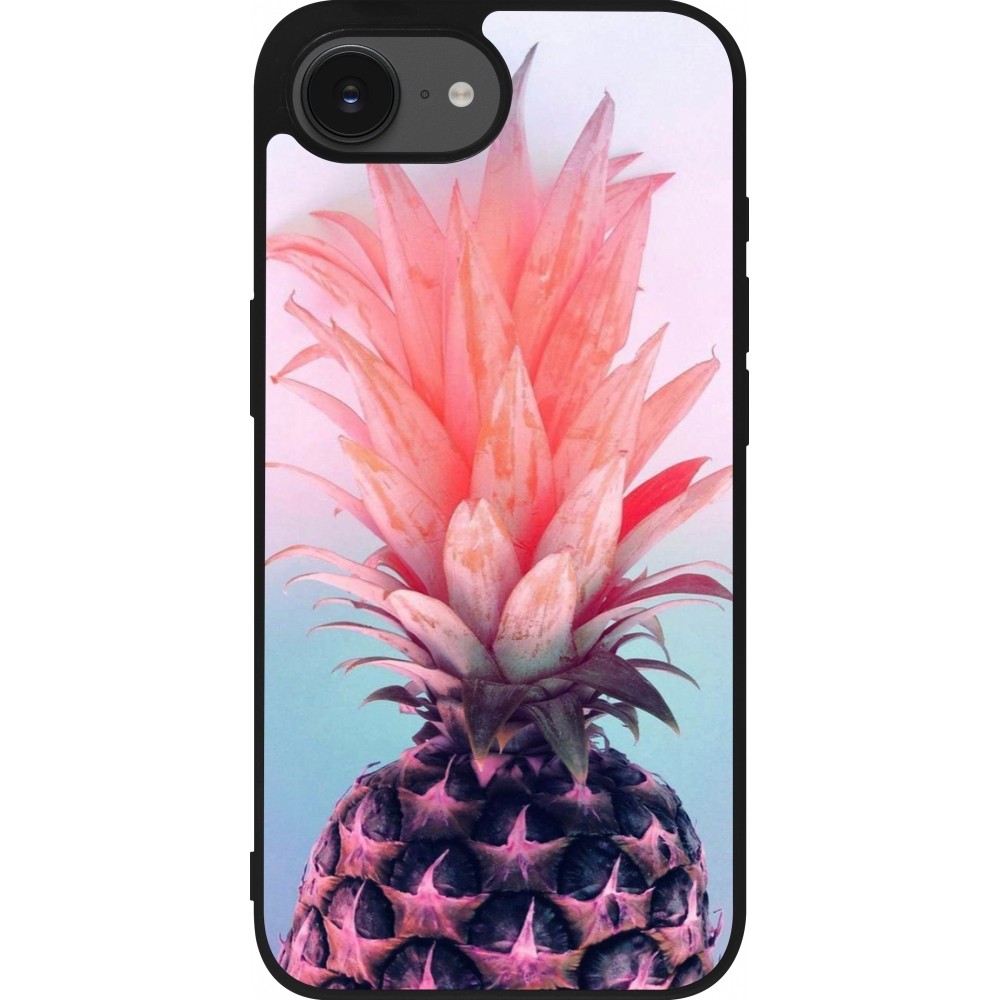Coque iPhone 16e - Silicone rigide noir Purple Pink Pineapple