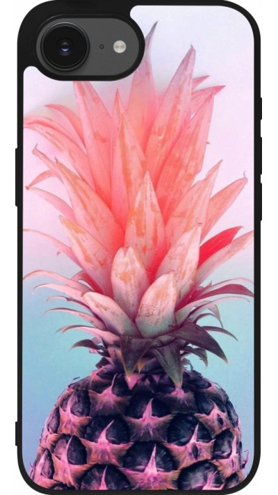 Coque iPhone 16e - Silicone rigide noir Purple Pink Pineapple