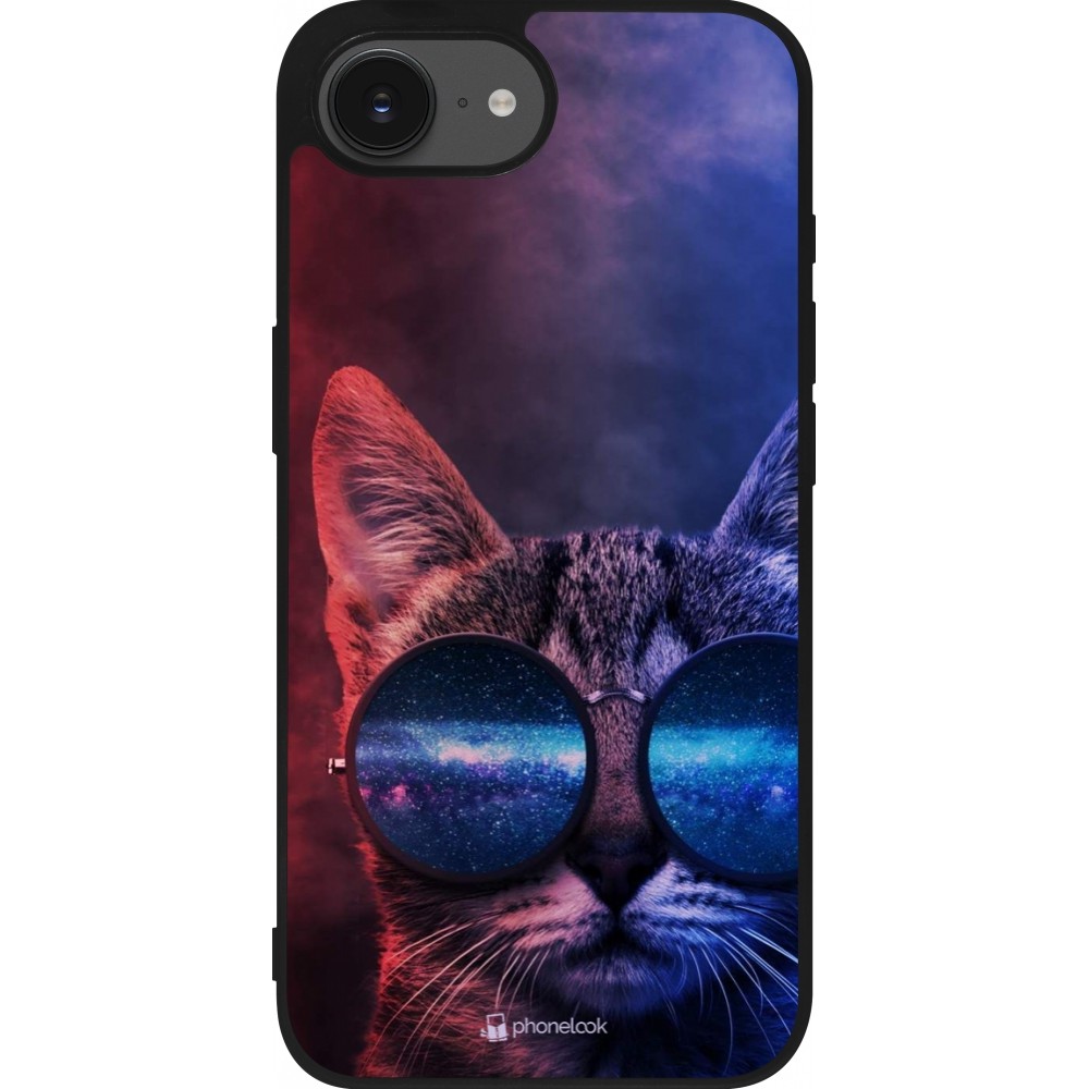 Coque iPhone 16e - Silicone rigide noir Red Blue Cat Glasses