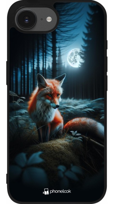 Coque iPhone 16e - Silicone rigide noir Renard lune forêt