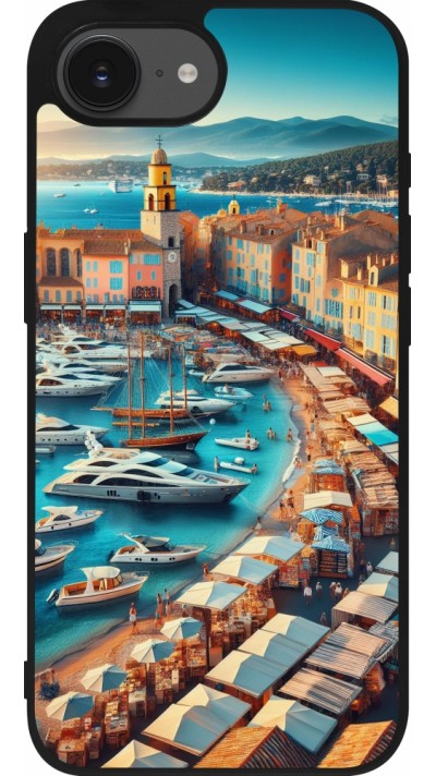 Coque iPhone 16e - Silicone rigide noir Saint-Tropez Beach