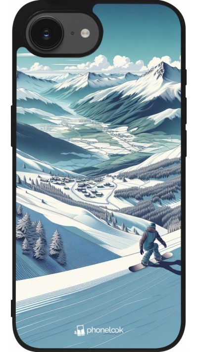 Coque iPhone 16e - Silicone rigide noir Snowboarder Montagne