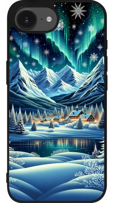 Coque iPhone 16e - Silicone rigide noir Snowy Mountain Village Lake night