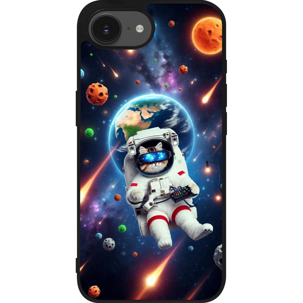Coque iPhone 16e - Silicone rigide noir VR SpaceCat Odyssey