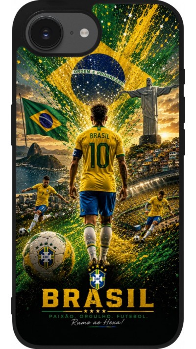 Coque iPhone 17e / 16e - Silicone rigide noir Football Brésil splash 2026