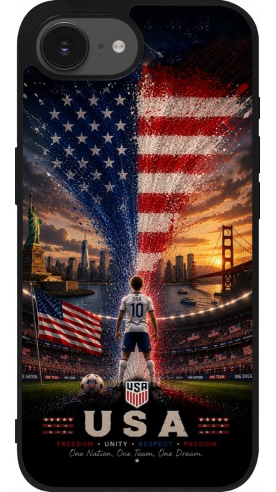 Coque iPhone 17e / 16e - Silicone rigide noir Football États-Unis splash 2026