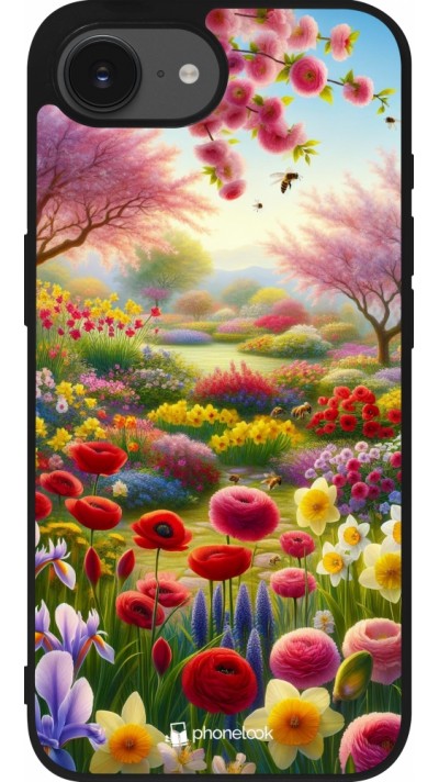 Coque iPhone 16e - Silicone rigide noir Spring 25 Bouquet printemps