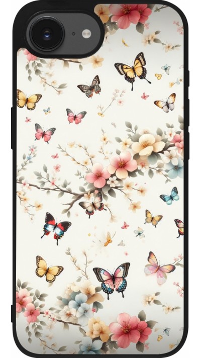 Coque iPhone 16e - Silicone rigide noir Spring 25 Papillons Légers