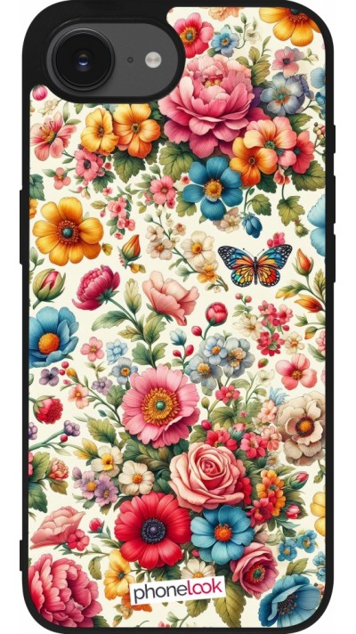 Coque iPhone 16e - Silicone rigide noir Spring 25 printemps fleuri