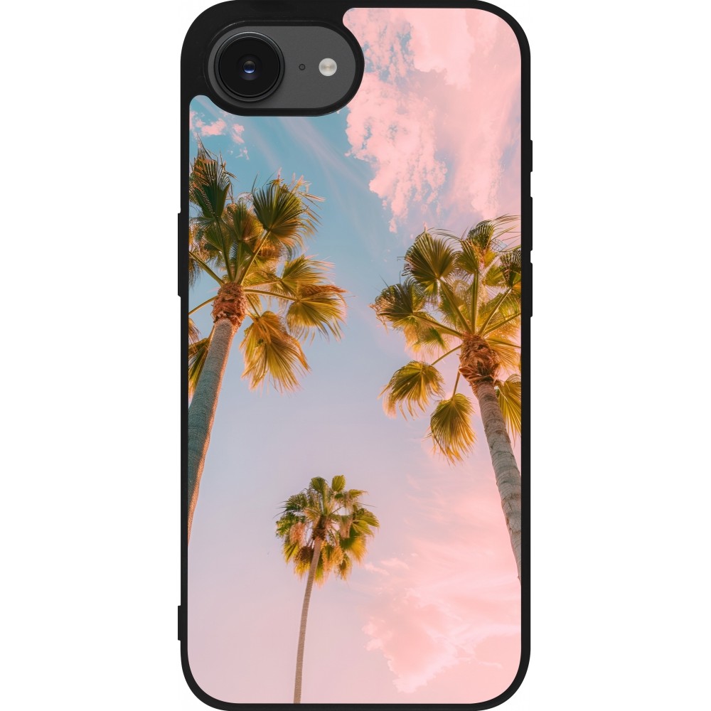 Coque iPhone 16e - Silicone rigide noir Summer 2025 Palmiers